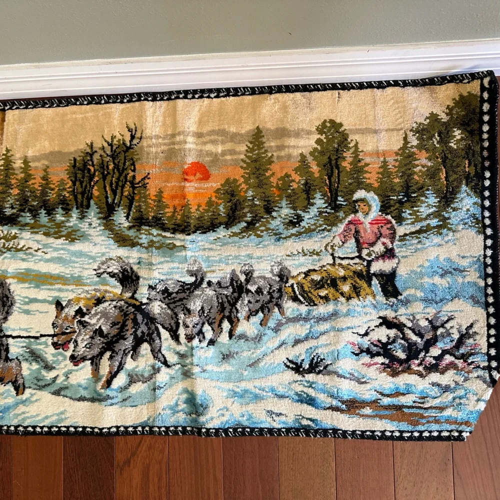 Velvet wall Tapestry -Dog Sled Tapestry- Made in Italy 1965